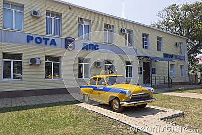 Police Retro car GAZ-21 `Volga` at the traffic police building in the resort village Dzhemete, Anapa Editorial Stock Photo