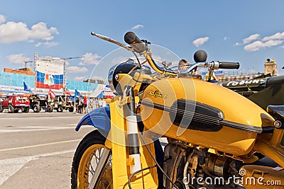 Police retro motorcycle URAL Soviet times painted in yellow-blue color Editorial Stock Photo