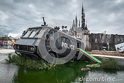 A police riot van in Water Cannon Creek at Banksys Dismaland. Editorial Stock Photo