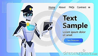 police robot patrol cop in uniform using tablet pc artificial intelligence technology concept Vector Illustration