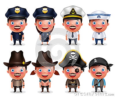 Police, seafarers, captain, sheriff, cowgirl and pirates vector character set Vector Illustration