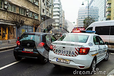 Police, and SMURD ambulance on duty. Accident on Victoriei Way Calea Victoriei Boulevard in Bucharest, Romania, 2020 Editorial Stock Photo