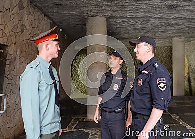 Police from a soldier of the guards of honour on the Mamayev Kurgan in Volgograd. Editorial Stock Photo