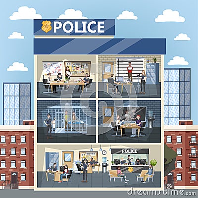 Police station building interior. Police officer inside Vector Illustration