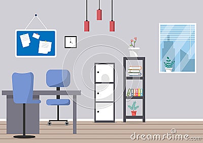 Police Station Department Building with Investigation Bureau Room Interior, Prison Cell and Office Furniture in Flat Style Vector Illustration