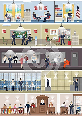 Police station interior set with rooms. Vector Illustration