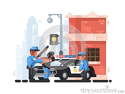 Police station and patrol with detainee Cartoon Illustration