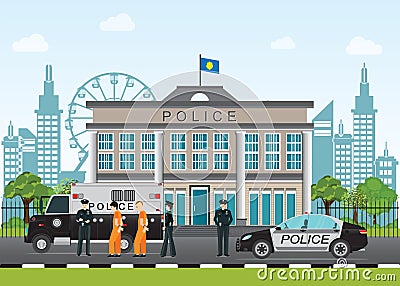 Police station with police officer and police car . Vector Illustration