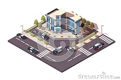 Police station with sedan and jeep car, parking in working day. Cartoon Illustration