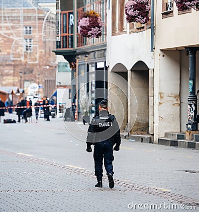 Police surveilling terrorist attack scene after attack Strasbour Editorial Stock Photo