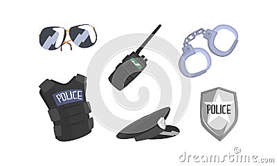 Police Symbols and Attributes with Handcuffs and Shiny Button Vector Set Vector Illustration