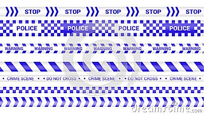 Police tape, crime danger line. Barricade police lines isolated. Warning and barricade tapes. Set of blue warning Vector Illustration