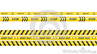 Police tape, crime danger line. Caution police lines isolated. Warning keep out tapes. Set of yellow warning ribbons. Vector Cartoon Illustration