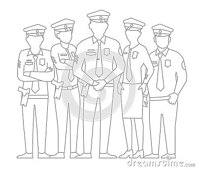 Police team. A group of policemen. Women and men in uniform. Law enforcement officers. Outline contour line vector Vector Illustration