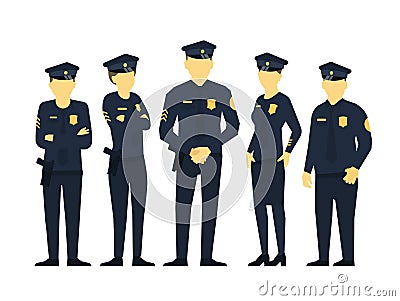 Police team. A group of policemen. Women and men in uniform. Law and order. Law enforcement officers. Flat vector. Vector Illustration