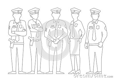 Police team. A group of policemen. Women and men in uniform. Law and order. Law enforcement officers. Outline contour Vector Illustration