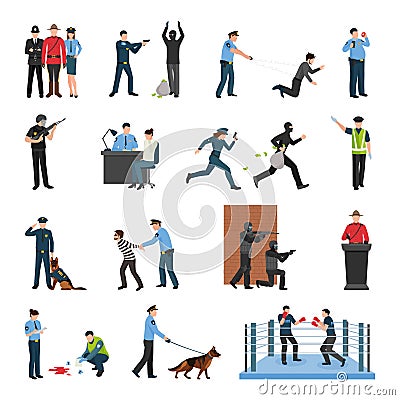 Police Team Training Flat Icons Set Vector Illustration