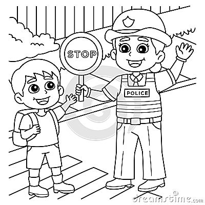 Police Traffic Officer Helping a Kid Coloring Page Vector Illustration