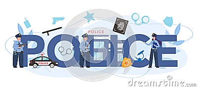 Police typographic header concept. Detective making investigation. Vector Illustration