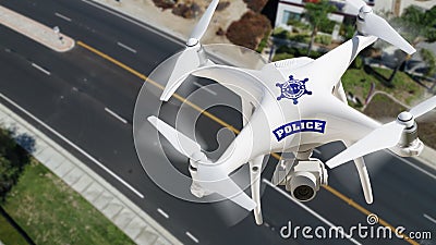Police Unmanned Aircraft System, UAS Drone Flying Above A City Street Stock Photo