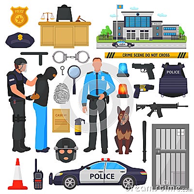 Police vector policeman character and policeofficer in bulletproof vest with handcuffs in police-office illustration set Vector Illustration