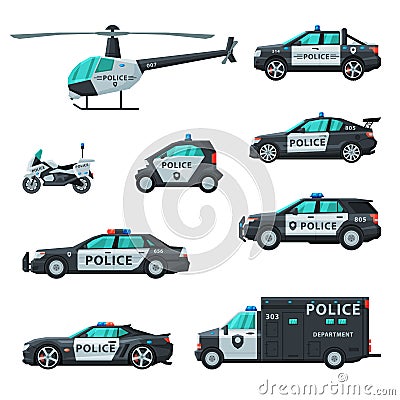 Police Vehicles Collection, Various Emergency Patrol Transport, Side View Flat Vector Illustration Vector Illustration