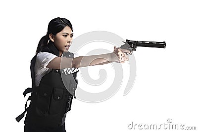 Police woman hold revolver gun Stock Photo