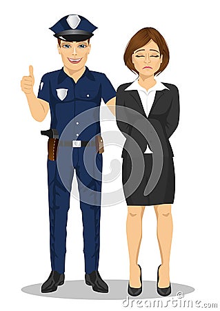 Policeman arresting businesswoman. White collar criminal white background Vector Illustration
