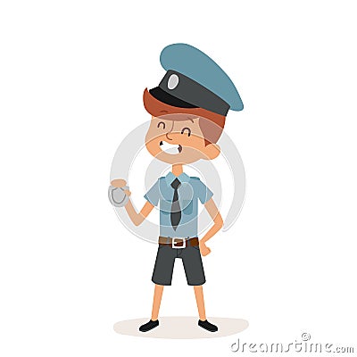 Policeman boy cap and badge hands cop cartoon character person on white background vector profession uniform worker Vector Illustration