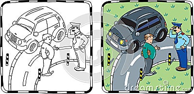 Policeman and car driver. Coloring book Vector Illustration