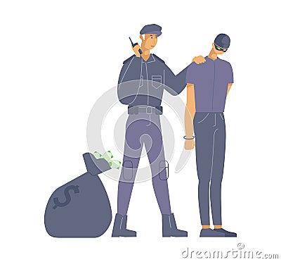 Policeman caught criminal flat vector illustration. Police officer in uniform and bank burglar in mask cartoon Vector Illustration