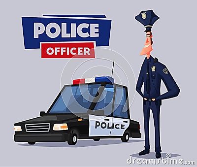 Policeman character and police car. Cartoon vector illustration Vector Illustration