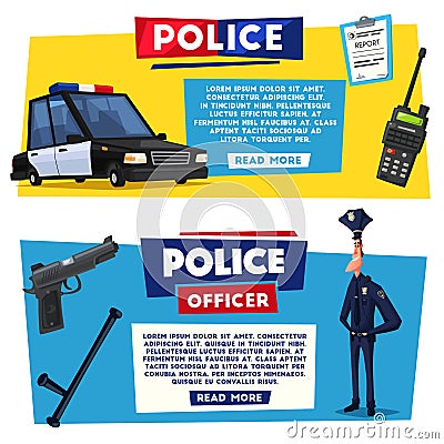 Policeman character and police car. Cartoon vector illustration Vector Illustration