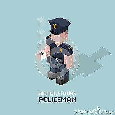 Policeman with coffee. Cubes composition isometric vector illustration of police officer. Cop with cup of coffee Vector Illustration