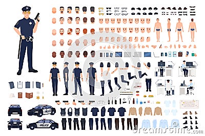 Policeman creation set or DIY kit. Collection of male police officer body parts, facial gestures, hairstyles, uniform Vector Illustration