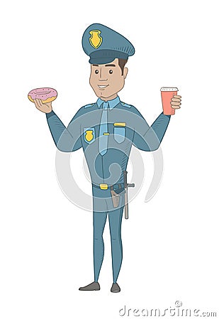 Policeman eating doughnut and drinking coffee. Vector Illustration
