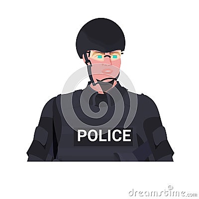 Policeman in full tactical gear riot police officer holding baton protesters and demonstration riots mass control Vector Illustration
