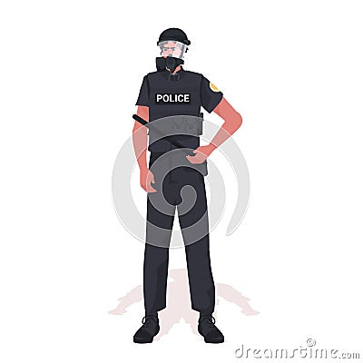 policeman in full tactical gear riot police officer holding baton protesters and demonstration riots mass control Vector Illustration