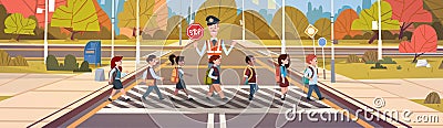 Policeman Guard Help Group Of School Children Crossing Road Vector Illustration