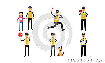 Policeman In High Visibility Yellow Safety Jacket In Daily Actions Vector Illustration Set Isolated On White Background Vector Illustration