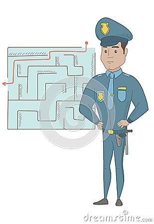 Policeman looking at labyrinth with solution. Vector Illustration