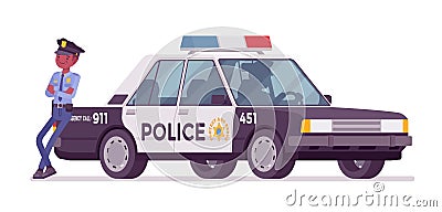 Policeman near patrol car Cartoon Illustration