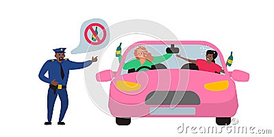 A policeman officer stopped drunk driver women in car with bottle of alcohol Vector Illustration