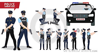 Policeman and police car vector character set. Law enforcers characters holding gun with various postures Vector Illustration