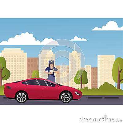 Policeman and police patrol on a road with stopped car and it driver. Concept Police. Road to Modern City View Vector Illustration
