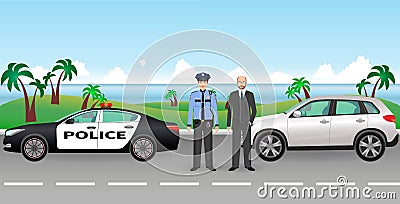 Policeman and police patrol on a road with stopped car and it driver. Police and civil men characters. Vector Illustration