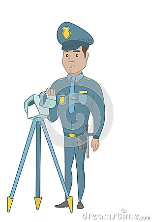 Policeman with radar for traffic speed control. Vector Illustration