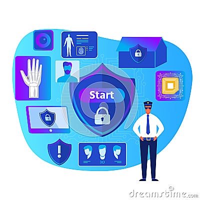 Policeman and Security Control System Services Vector Illustration