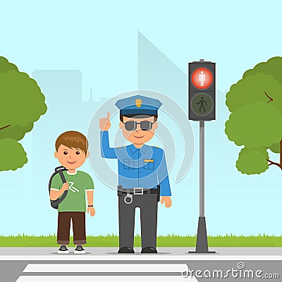 Policeman shows and explains the highway code for student. Pedestrian traffic light. Traffic at the crossroads. Vector Illustration