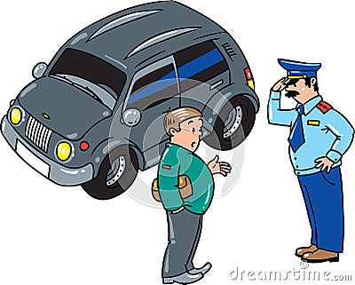 Policeman stopped the car, talking with the driver Vector Illustration